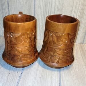 Vtg Monkey Pod Hand Carved Wooden Mugs Polynesian Gifts Hawaii